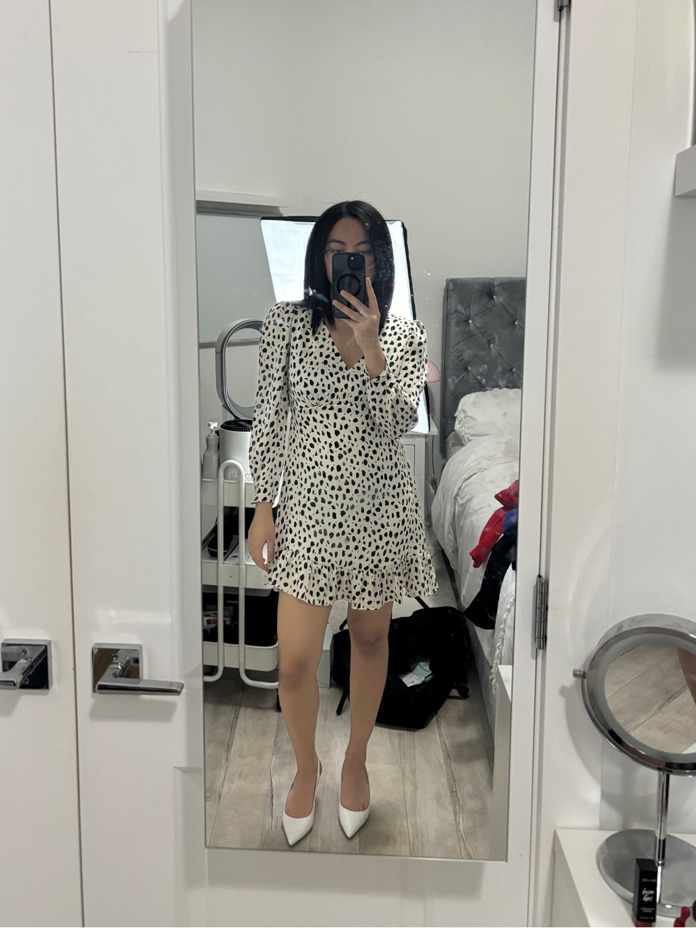 Mango Cream Dress with Black Spot Print